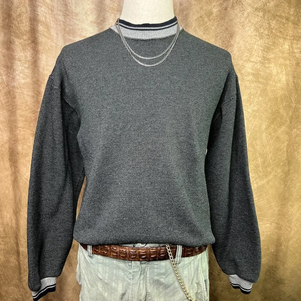 Vintage Waffle Knit Sweater 90s Gray Long Sleeve Pullover Crewneck Sweatshirt